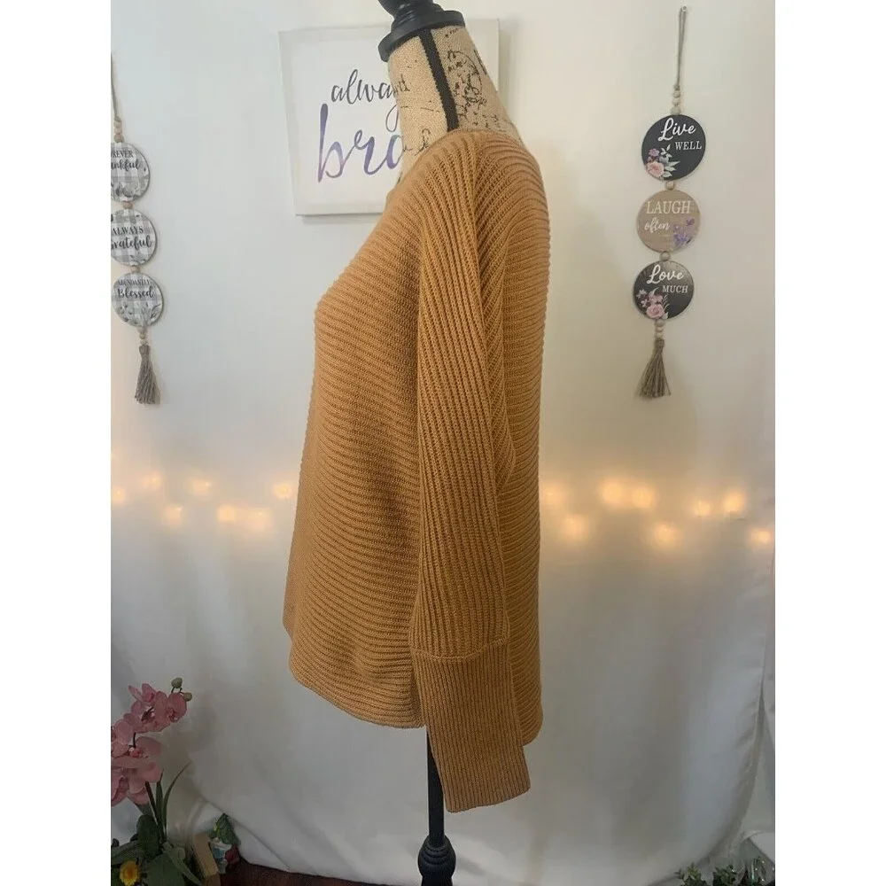 (B-67)Rachel Zoe Women’s L Camel Ribbed Knit Sweater Long Sleeve Cotton Blend Pu